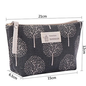 Detailed dimensions of dark grey canvas pouch with white tree pattern and side handle
