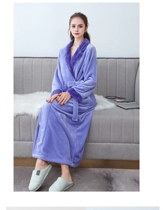Detail of purple coral fleece robe with waffle texture cuffs and waist tie closure
