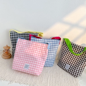 Sac À Épaule Enfant Gingham Plaid Toile Coton Sangle Contrastée Grande Capacité Cabas Décontracté Pour Maternelle