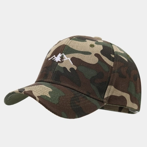 Detail of mountain embroidery on jungle camo baseball cap with curved brim and eyelets