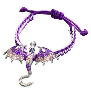 Hand-woven purple dragon bracelet with silver metal pendant and sparkling rhinestones
