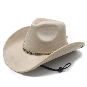 Chapeau de cowboy en daim beige avec bande perlée et mentonnière réglable pour l'extérieur