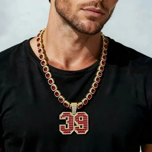 Collier Hip Hop Numéro 39 Alliage Verre Rouge Strass Iced Out Pendentif Chaîne Cubaine Bijoux Pour Hommes Femmes