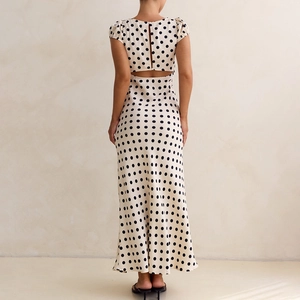 Detail showing the elegant back cut-out and polka dot pattern on the satin dress