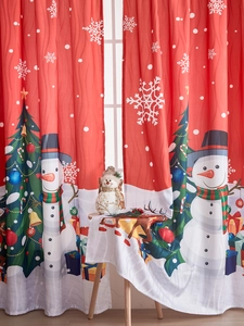 Detailed view of Christmas curtains featuring snowman and tree patterns in red and white