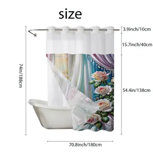 Detailed size chart for waterproof polyester shower curtain showing metric and imperial units