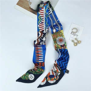 Ethnic style colorful silk twilly scarf with geometric prints and equestrian patterns