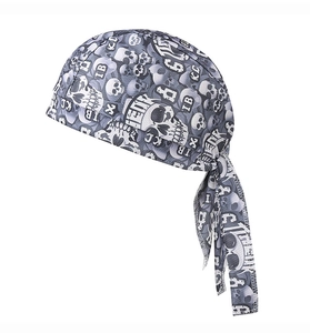 Detail of moisture-wicking skull pirate hat showing stitching and grey pattern