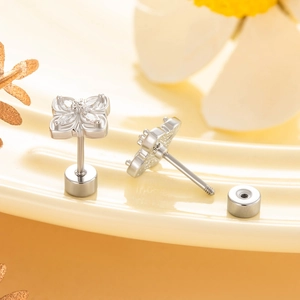 Silver flower clover stud earrings with clear crystals and secure screw back closure