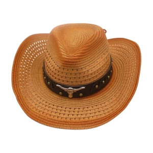 Classic Western straw cowboy hat with brown leather band and silver bull head ornament
