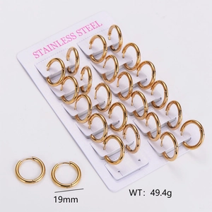 Bulk set of 19mm polished stainless steel hoop earrings displayed on a white product card