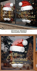 Close-up of Merry Christmas and Santa hat electrostatic window stickers for holiday decor
