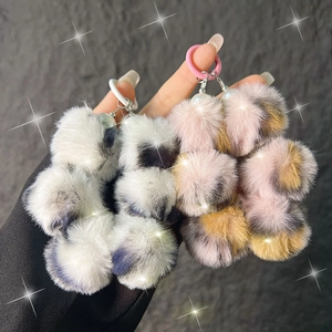 Leopard print plush keychain wristlets with pom poms and metal rings for bags and phones