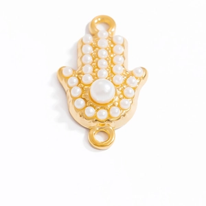 Pendentif Main de Fatma plaqué or 18K avec perles et doubles anneaux pour bijoux DIY