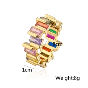 Detailed view of 18K gold plated copper ring with colorful zircons and size annotations