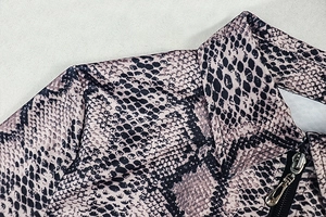 Close-up of snake print fabric showing the zipper and collar detail of the two-piece set