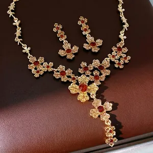 Vintage Flower Cross Jewelry For Women Alloy Rhinestone Necklace And Earrings Retro Palace Style Accessories