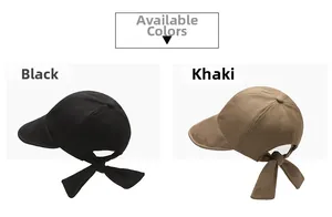 Detail view of khaki and black sun hats with decorative rear bow tie ribbons