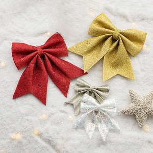 Glitter Christmas bow set in red, gold, and silver for festive tree decoration and holiday scenes
