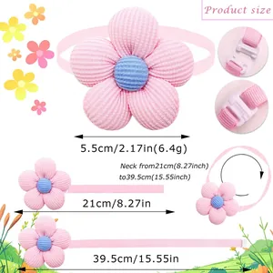 Floral pet bow tie with adjustable neck strap size chart showing 21cm to 39.5cm range