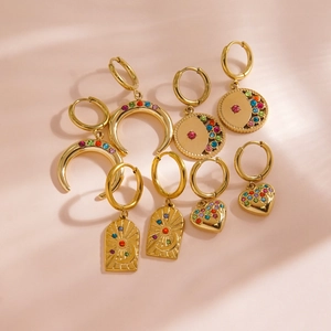 Stainless Steel Colorful Rhinestone Dangle Earrings For Women Gold Plated Heart Moon Sun Celestial Pendant Drop Earrings Fashion Jewelry Gift