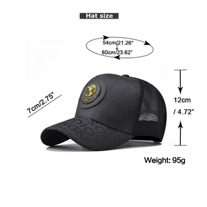 Detail of black trucker hat with gold globe logo and adjustable mesh back panel