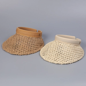 Women Straw Visor Hat Wide Brim Hollow Crochet Sun Protection Letter R Empty Top Breathable Beach Outdoor Summer