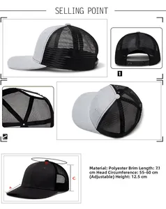 Detailed views of mesh trucker hat with dimensions and adjustable plastic buckle closure