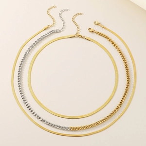 Three layered gold and silver stainless steel flat blade and Cuban chain necklaces set