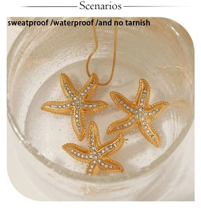 Waterproof stainless steel starfish jewelry set with rhinestones in water scenario