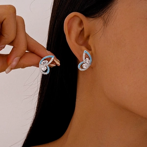 Butterfly Stud Earrings With Silver Earring Post Copper Inlaid Zircon Jewelry For Women Elegant Shiny Blue Clear