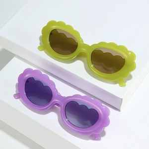 Sunflower shaped oval sunglasses for girls in neon yellow-green and lilac purple colors