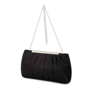 Detail of black pleated satin evening clutch bag with silver chain strap and metal frame
