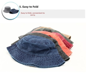 Washable denim bucket hat in various colors showing foldable and portable design details