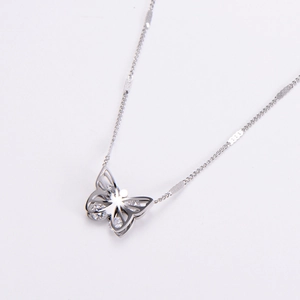 Polished silver butterfly necklace with hollow double-layer wings and sparkling crystals