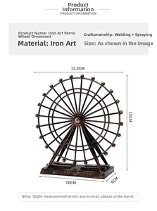 Detail showing dimensions of retro bronze iron ferris wheel model for home decoration
