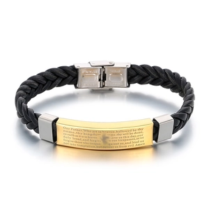 Braided black leather bracelet with stainless steel Lord's Prayer plate for men and women