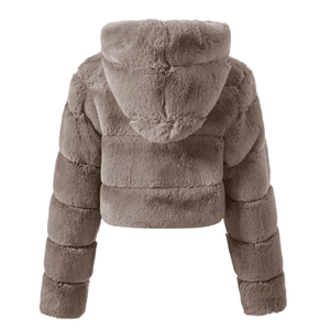 Back view of thick faux fur hooded jacket in tan showing plush texture and short cut