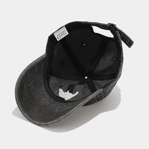 Washed dark grey cotton baseball cap with finger embroidery and adjustable strap