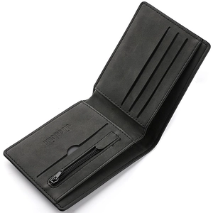 Short black bifold men's wallet with matte leather finish and zipper coin pocket
