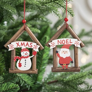 Christmas Wooden House Ornament Hollow Santa Snowman Hanging Decoration For Holiday Tree Decor