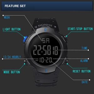 Detail view of the black digital sports watch interface and functional side buttons