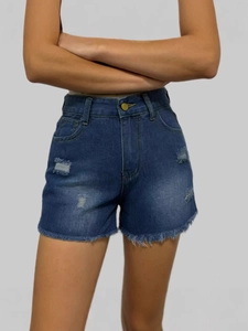 Short en jean taille haute bleu avec détails déchirés et bords effilochés pour femmes