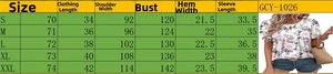 Detailed size chart for floral short sleeve t-shirt including bust and length measurements