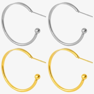 Flat lay view of minimalist 304 stainless steel hoop earrings in gold and silver finish