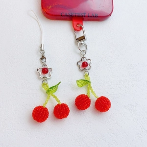 Handmade crystal beaded cherry keychain charm with red and green beads for bags