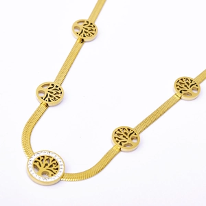 Gold tree of life necklace with pavé crystal accents on a sleek blade chain