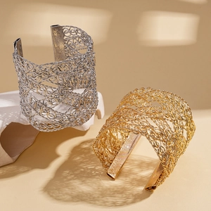 Vintage mesh texture cross open bangle in gold and silver finish for women