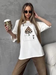 Γυναικείο Βαμβακερό Κοντομάνικο T-Shirt Με Εκτύπωση Λεοπάρ Άσο Μπαστούνι Lucky You Oversized Casual Streetwear Τοπ