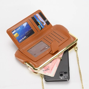 Brown PU leather crossbody phone bag with gold chain strap and multiple card slots